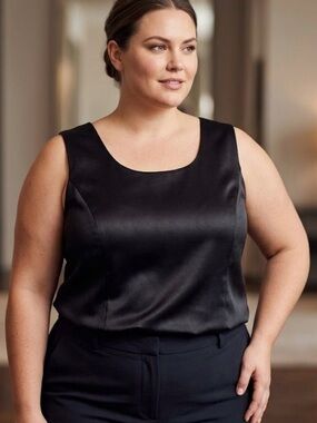 Classic Black Satin Sleeveless Shell Top - Plus Size 22W - Side Zip Quite Luxury